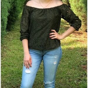 Hollister Olive Green Floral Lace Off The Shoulder Long Sleeve Blouse Small